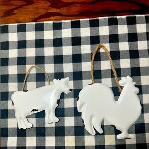 Set of Rooster and Cow Etched Metal Hanging Decor